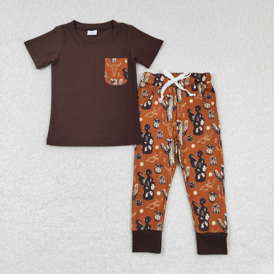 BSPO0165 Brown Cactus Cow Western Pocket Boys Short Sleeve Pants Outfits