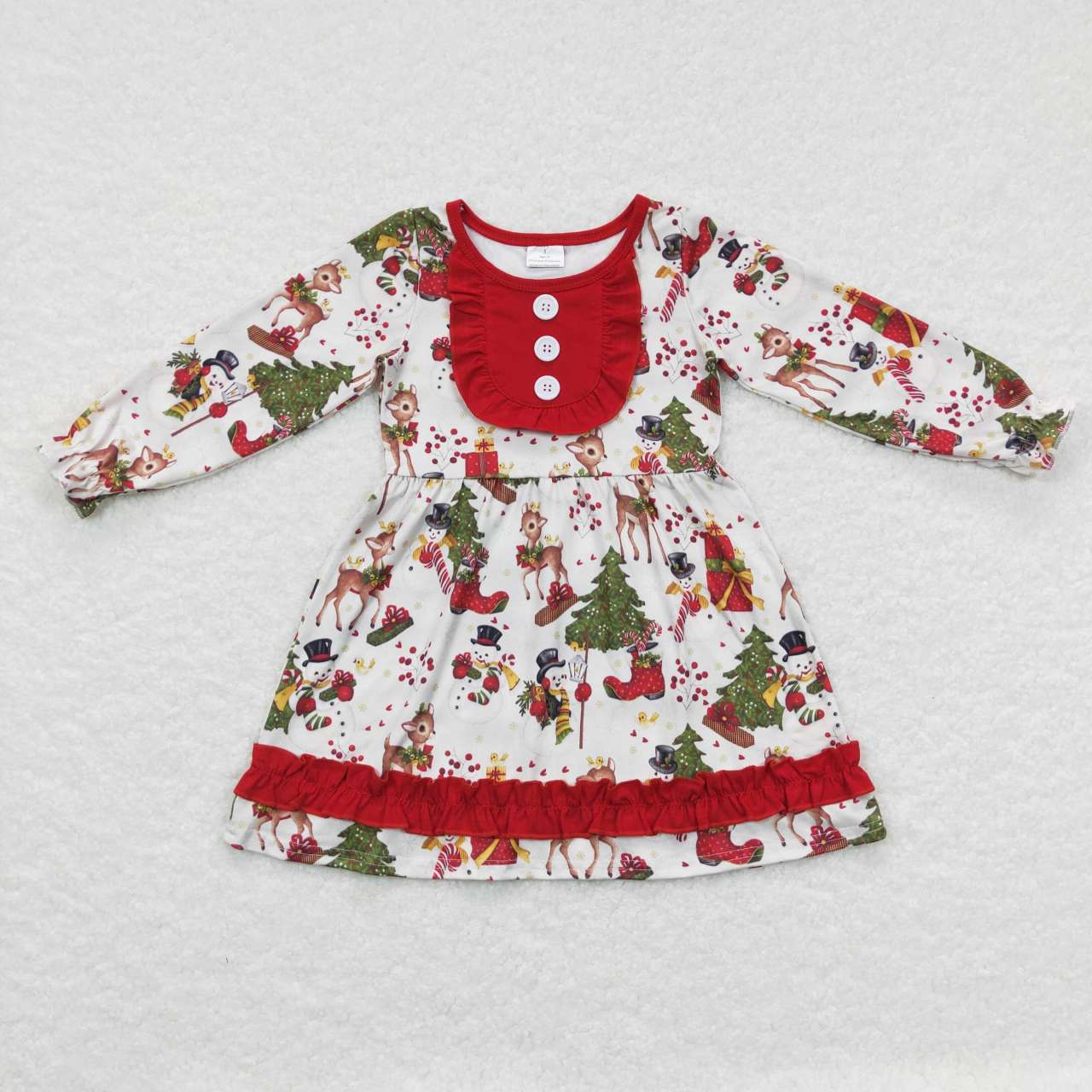 GLD0292 Christmas Red Green Deer Snowman Girls Long Sleeve Dresses