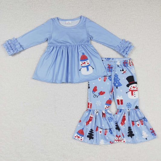 GLP0901 Christmas Blue Snowman Girls Long Sleeve Pants Outfits