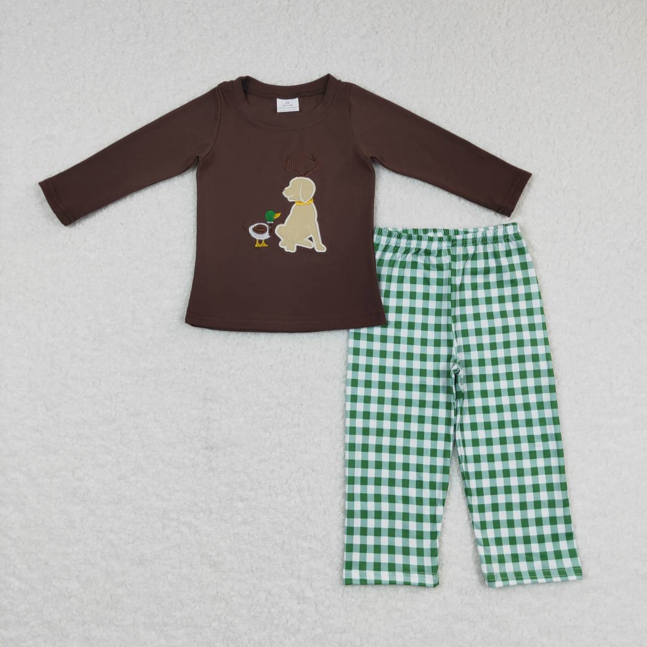 BLP0293 Brown Green Dog Duck Embroidery Boys Long Sleeve Pants Outfits