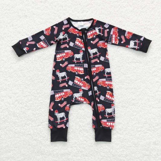 LR0735 Dog Red Fireman Zipper Girls Long Sleeve Romper