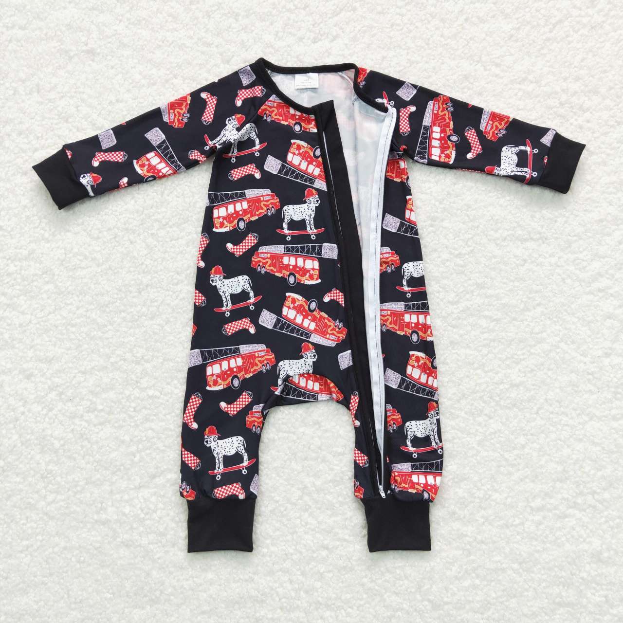 LR0735 Dog Red Fireman Zipper Girls Long Sleeve Romper