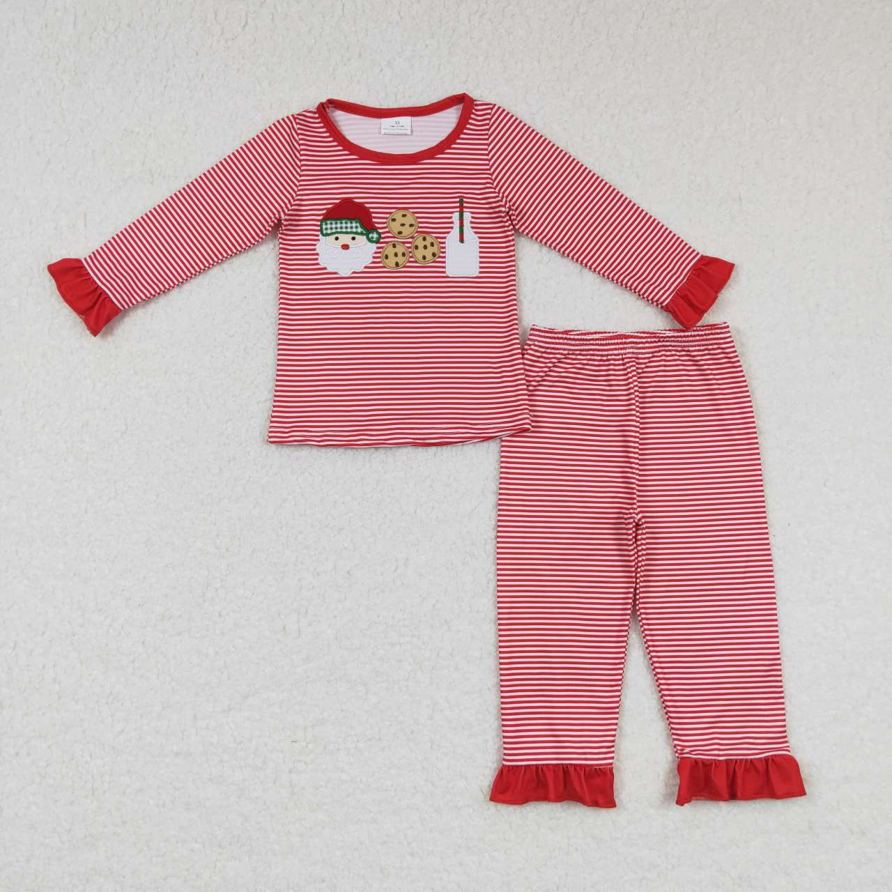 GLP0873  Christmas Red Santa Milk Cookies Embroidery Girls Long Sleeve Pants Outfits Pajamas