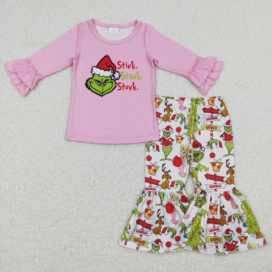 GLP0907 Christmas Pink Green Cartoon Girls Long Sleeve Pants Outfits