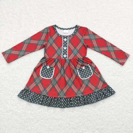 GLD0424  Christmas Red Green Pockets  Girls Long Sleeve Dresses