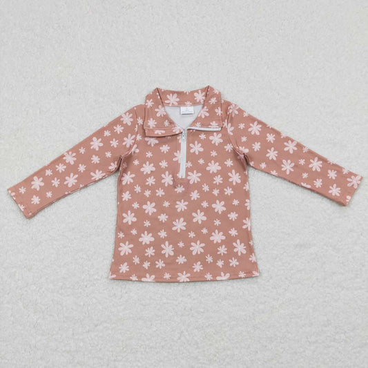 GT0363 Pink Floral Girls Long Sleeve Top Collar Polo Pullover T-Shirts