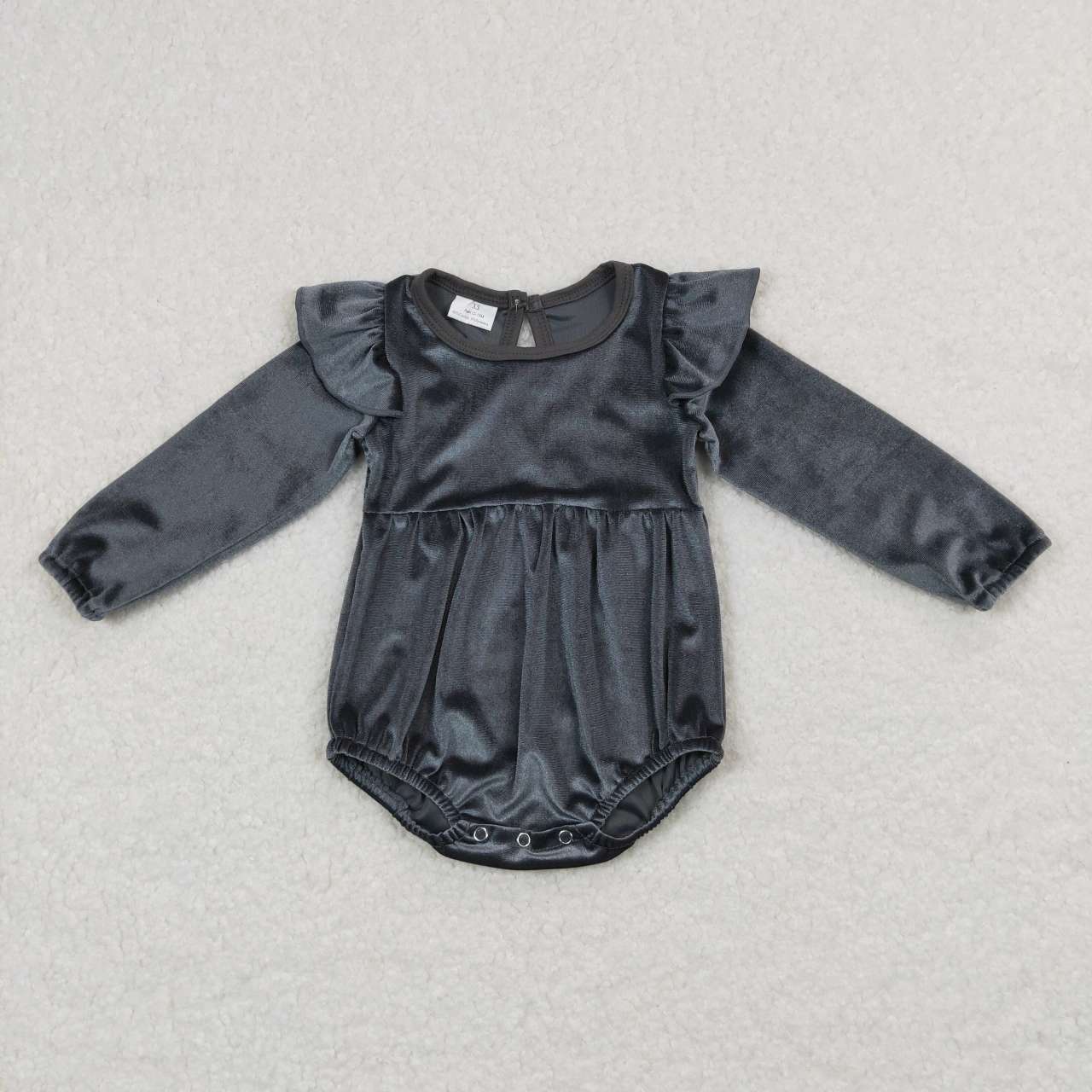 LR0685 Grey Ruffles Velvet Girls Long Sleeve Romper