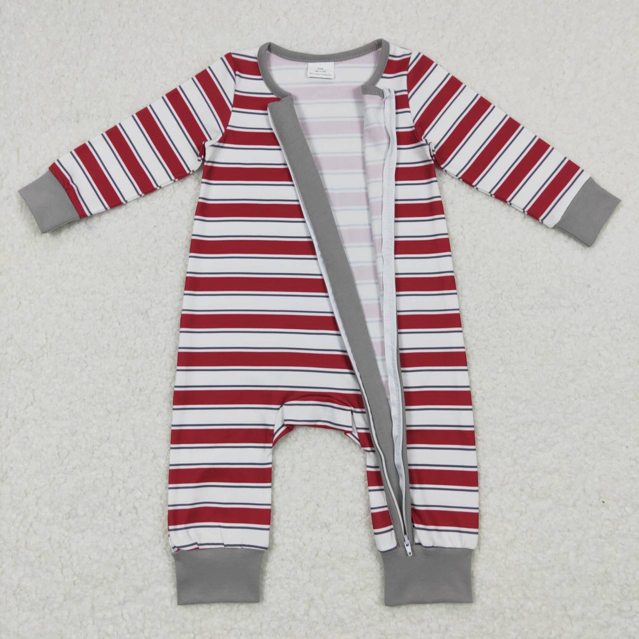 LR0748 Christmas Red Grey Zipper Girls Long Sleeve Romper