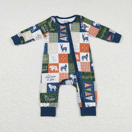 LR0719 Green Blue Deer Bear  Zipper Girls Long Sleeve Romper