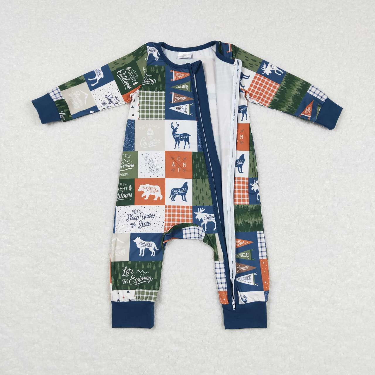 LR0719 Green Blue Deer Bear  Zipper Girls Long Sleeve Romper