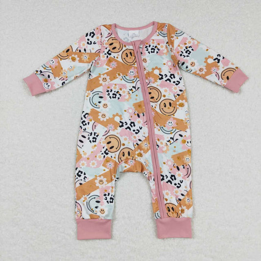 LR0684 Orange Pink Emoji Smile Zipper Girls Long Sleeve Romper