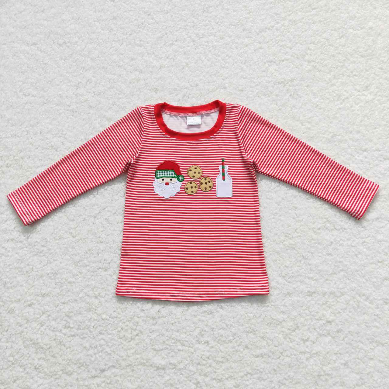 BT0370  Christmas Red Santa Milk Cookies Embroidery  Boys Long Sleeve Top T-shirts