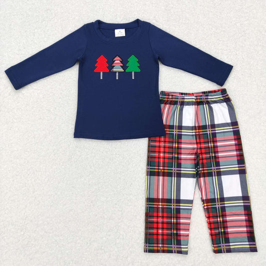 BLP0352  Christmas Blue Tree Embroidery   Boys Long Sleeve Pants Outfits