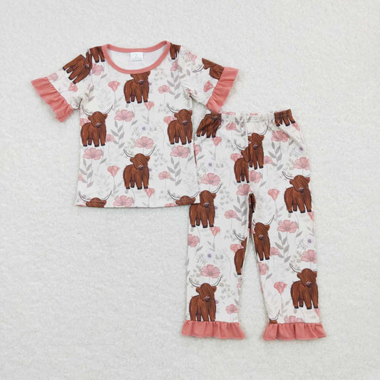 GSPO0962 Pink Highland Cow Girls Short Sleeve Bell Bottom Pants Outfits Pajamas