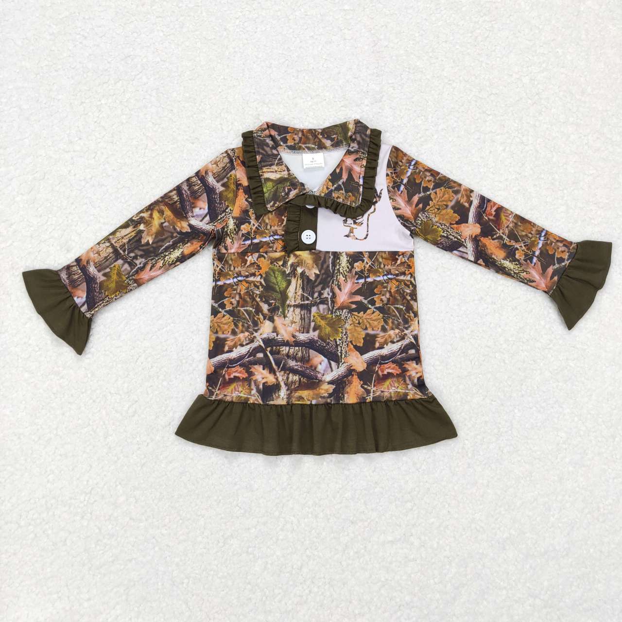 GT0311 Green Camo Deer Girls Long Sleeve Top Collar Polo Pullover T-Shirts