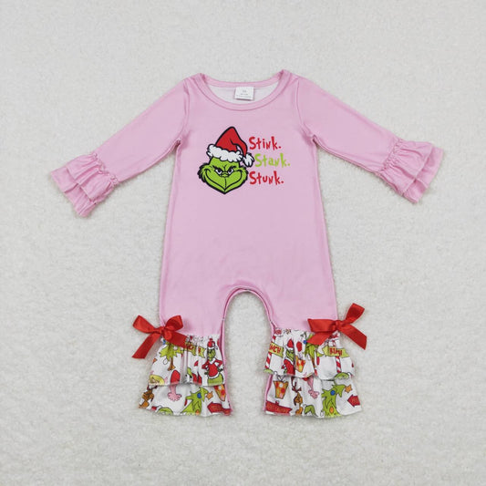 LR0778  Christmas Red Green Cartoon Pink  Girls Long Sleeve Romper