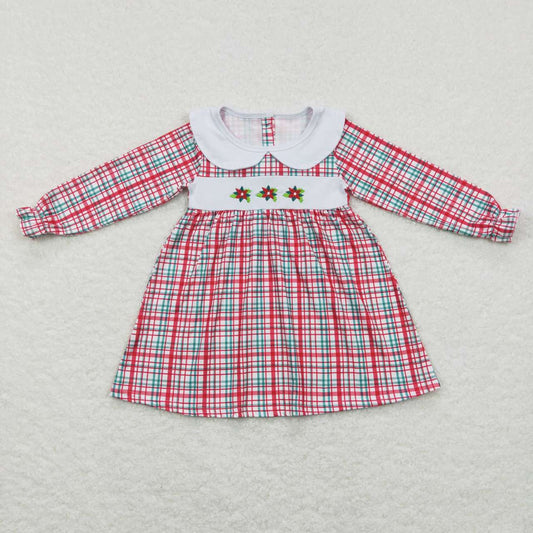 GLD0470 Christmas Red Plaid Embroidery Girls Long Sleeve Dresses