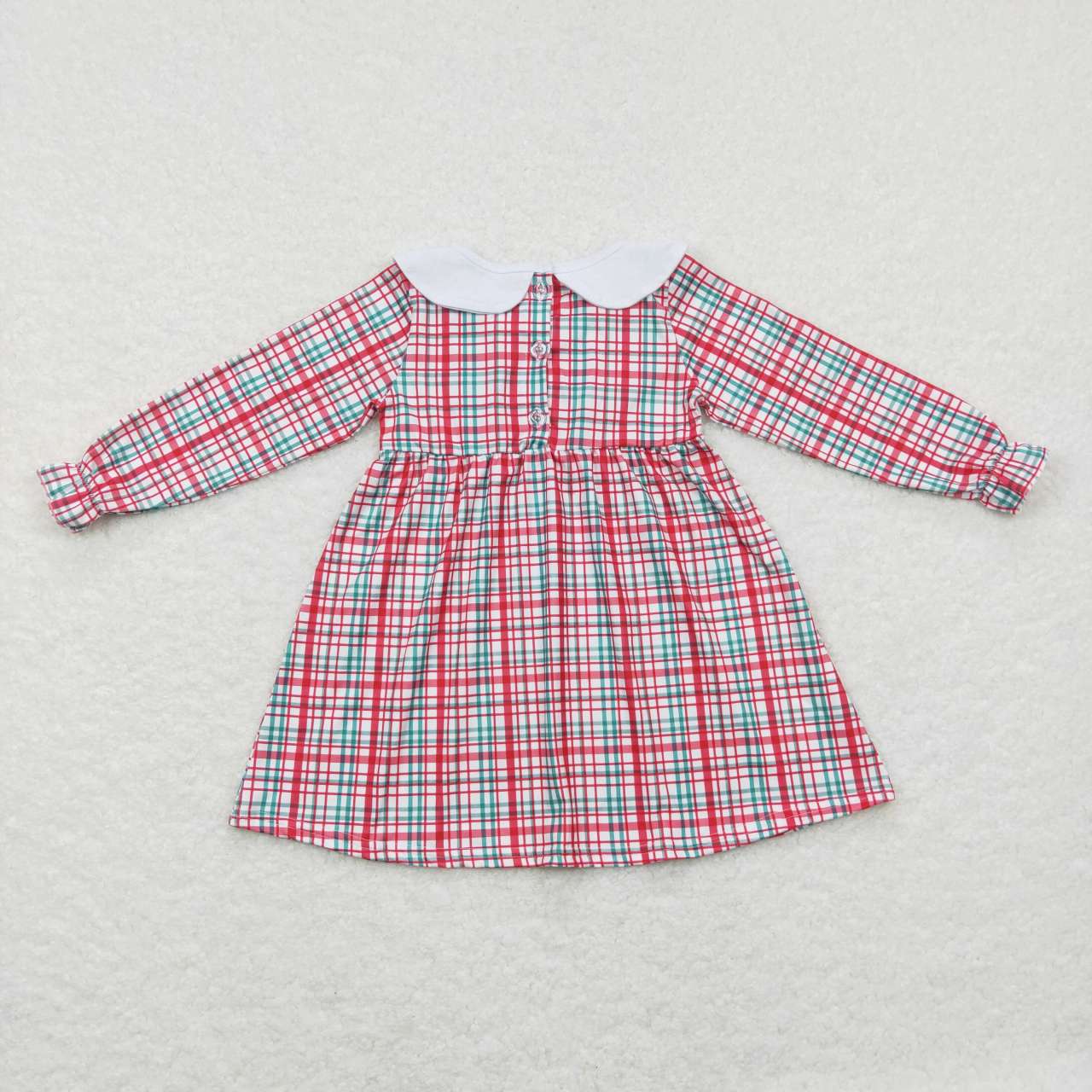 GLD0470 Christmas Red Plaid Embroidery Girls Long Sleeve Dresses