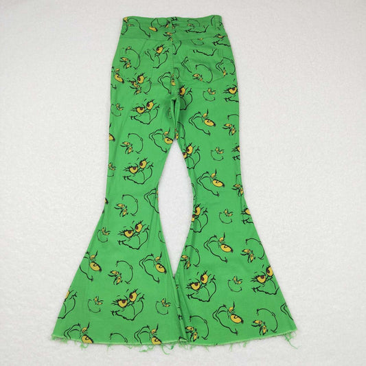 P0323 Adult Christmas Green Cartoon Girls Bell Pants Denim Jeans