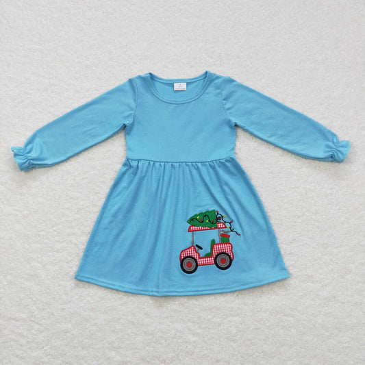 GLD0391 Christmas Blue Tree Embroidery Girls Long Sleeve Dresses