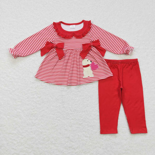 GLP0891 Valentine Love Red Dog Embroidery Tunic Girls Long Sleeve Pants Outfits