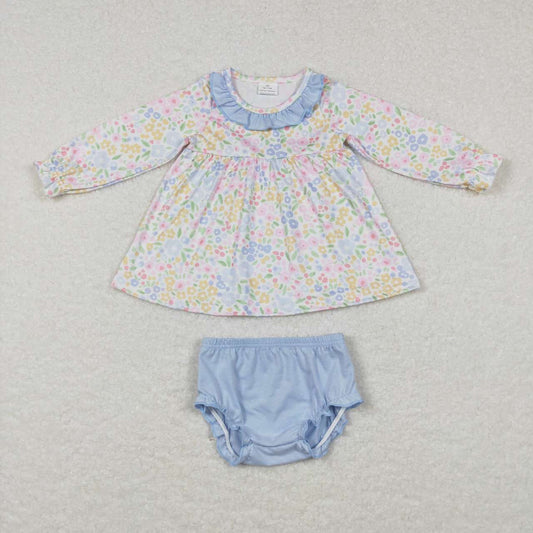 GBO0193 Blue Floral Girls Long Sleeve Bummies Outfits