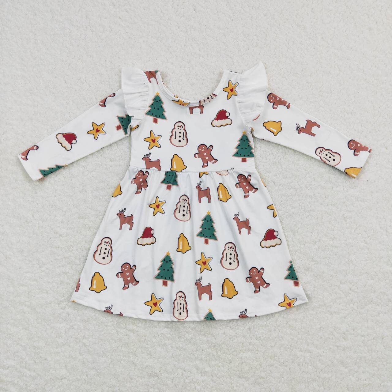 GLD0442 Christmas Green Tree Gingerbread  Girls Long Sleeve Dresses