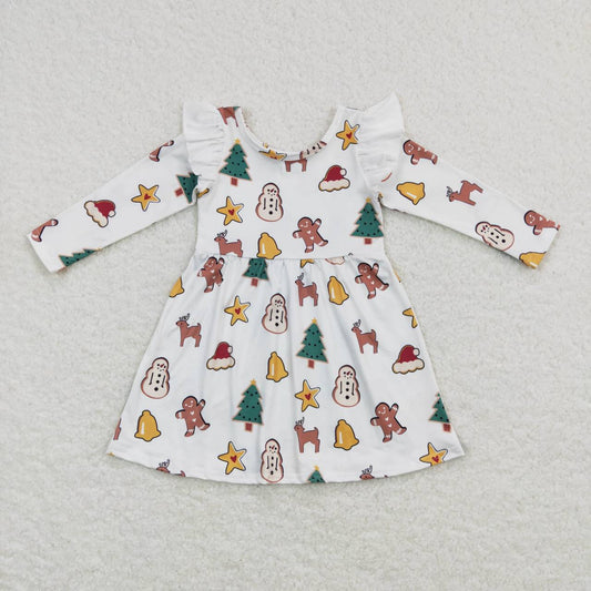 GLD0442 Christmas Green Tree Gingerbread  Girls Long Sleeve Dresses