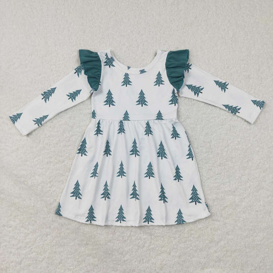 GLD0440 Christmas Green Tree  Girls Long Sleeve Dresses