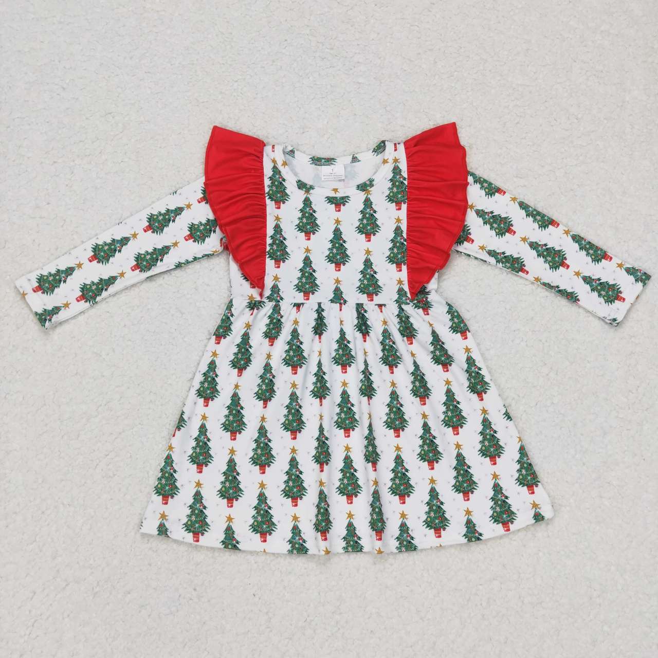 GLD0377 Christmas Green Red Tree  Girls Long Sleeve Dresses