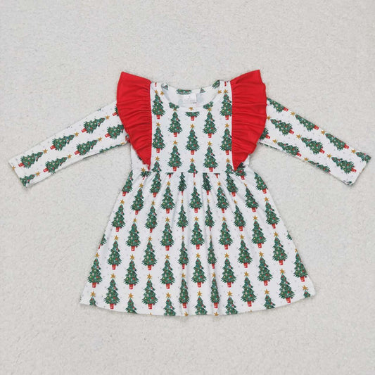 GLD0377 Christmas Green Red Tree  Girls Long Sleeve Dresses