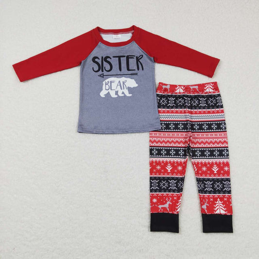 GLP0987  2Pcs GT0390 P0342  Farmily  Sister Christmas Red Deer Bear Girls Long Sleeve Pants Outfits