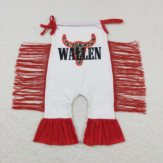 SR0429 Red Western Cow Leopard Tassel Girls Short Sleeve Romper