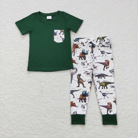 BSPO0181  Green Dinosaur Boys Short Sleeve Pants Outfits