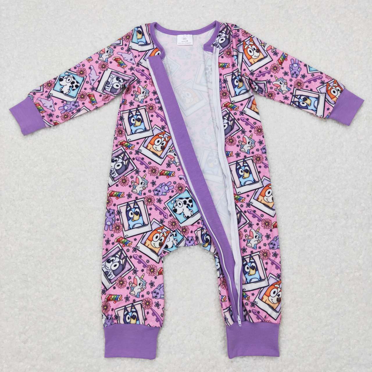 LR0331  Purple Dog Cartoon Floral  Zipper Girls Long Sleeve Romper