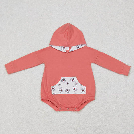 LR0758 Pink Floral  Hoodies Girls Long Sleeve Romper