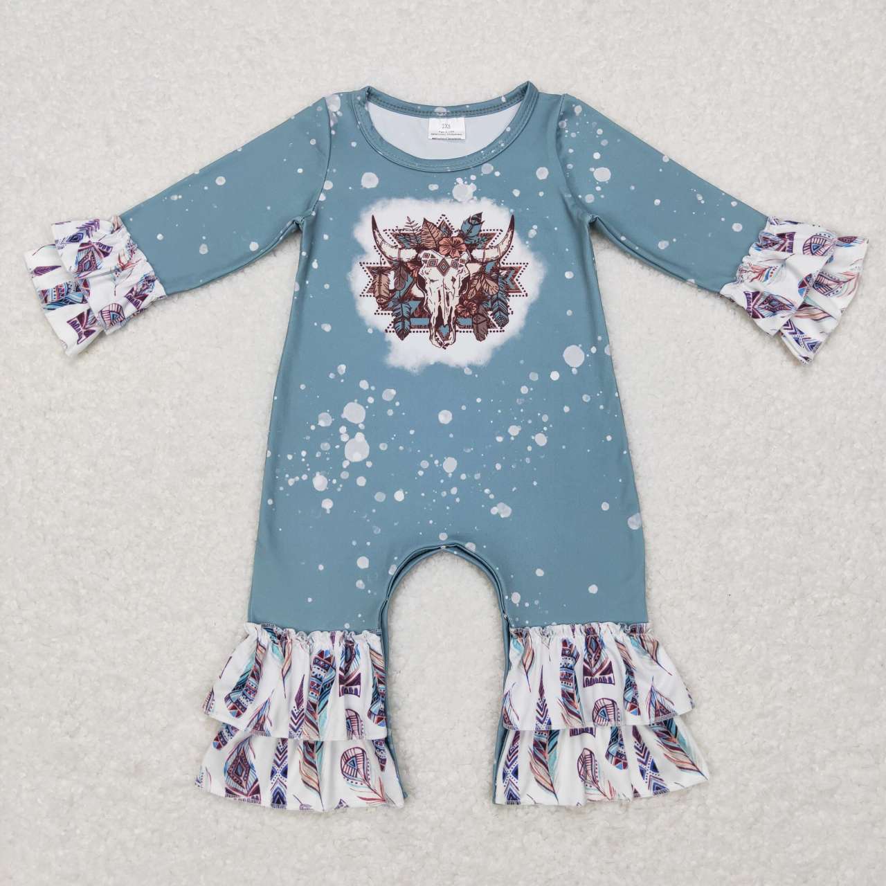 LR0593 Blue Highland Cow Girls Long Sleeve Romper