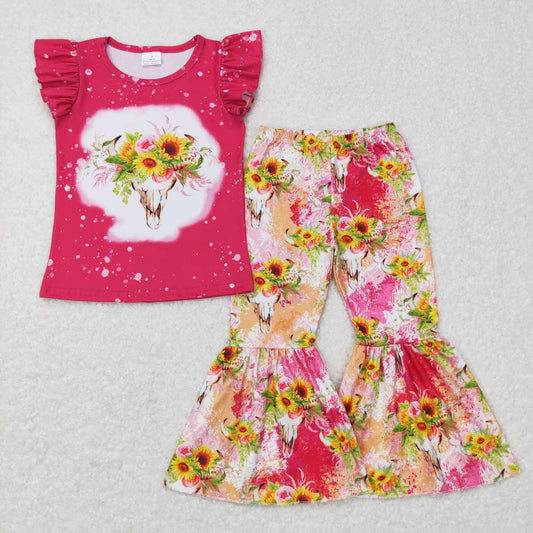 GSPO0913 Pink Highland Cow Floral Girls Short Sleeve Bell Bottom Pants Outfits