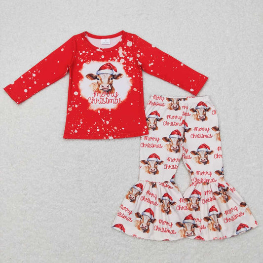 GLP0868 Merry Christmas Cow Red Girls Long Sleeve Pants Outfits