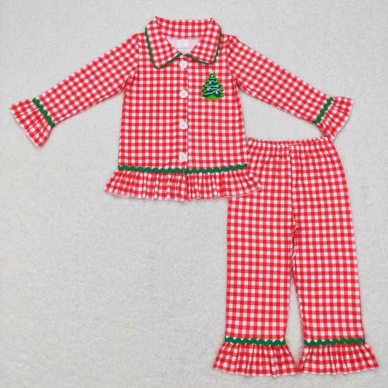 GLP0854 Christmas Red Green Tree Collar Girls Long Sleeve Pajamas