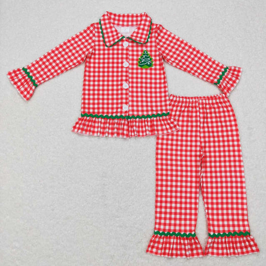 GLP0854 Christmas Red Green Tree Collar Girls Long Sleeve Pajamas