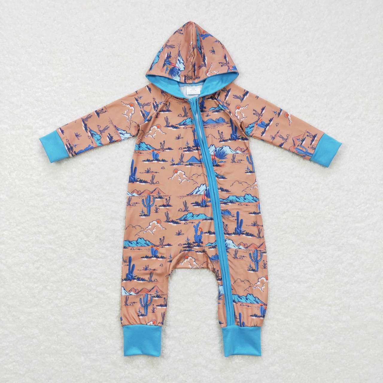 LR0702 Blue Cactus Western Zipper Hoodies Girls Long Sleeve Romper