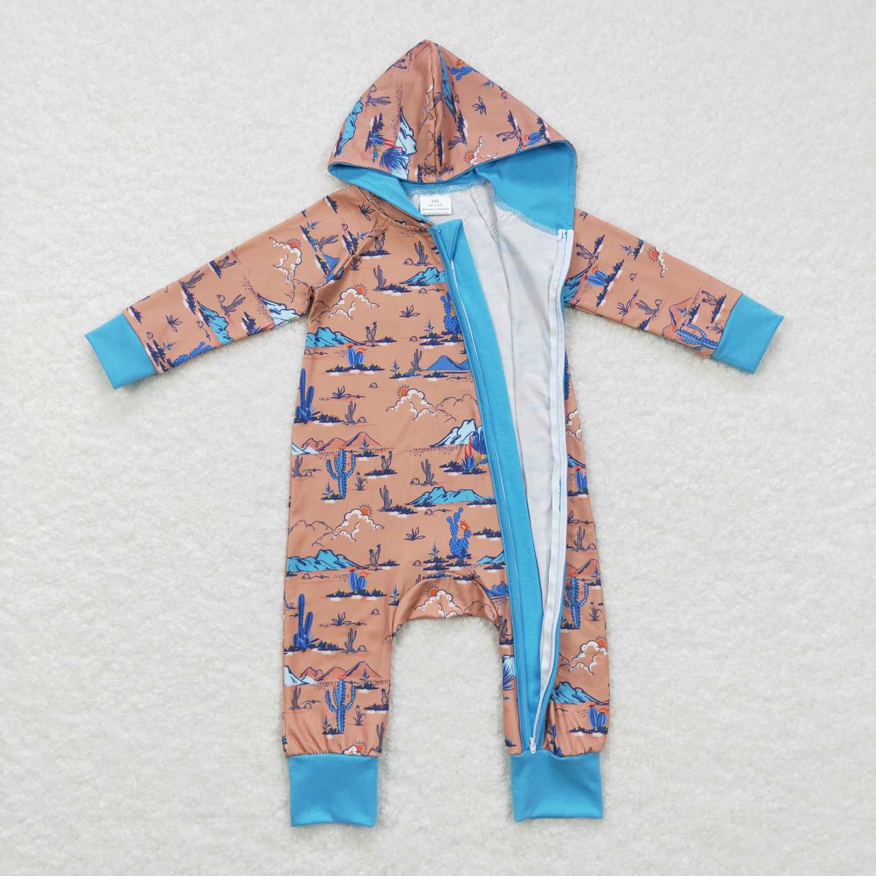 LR0702 Blue Cactus Western Zipper Hoodies Girls Long Sleeve Romper