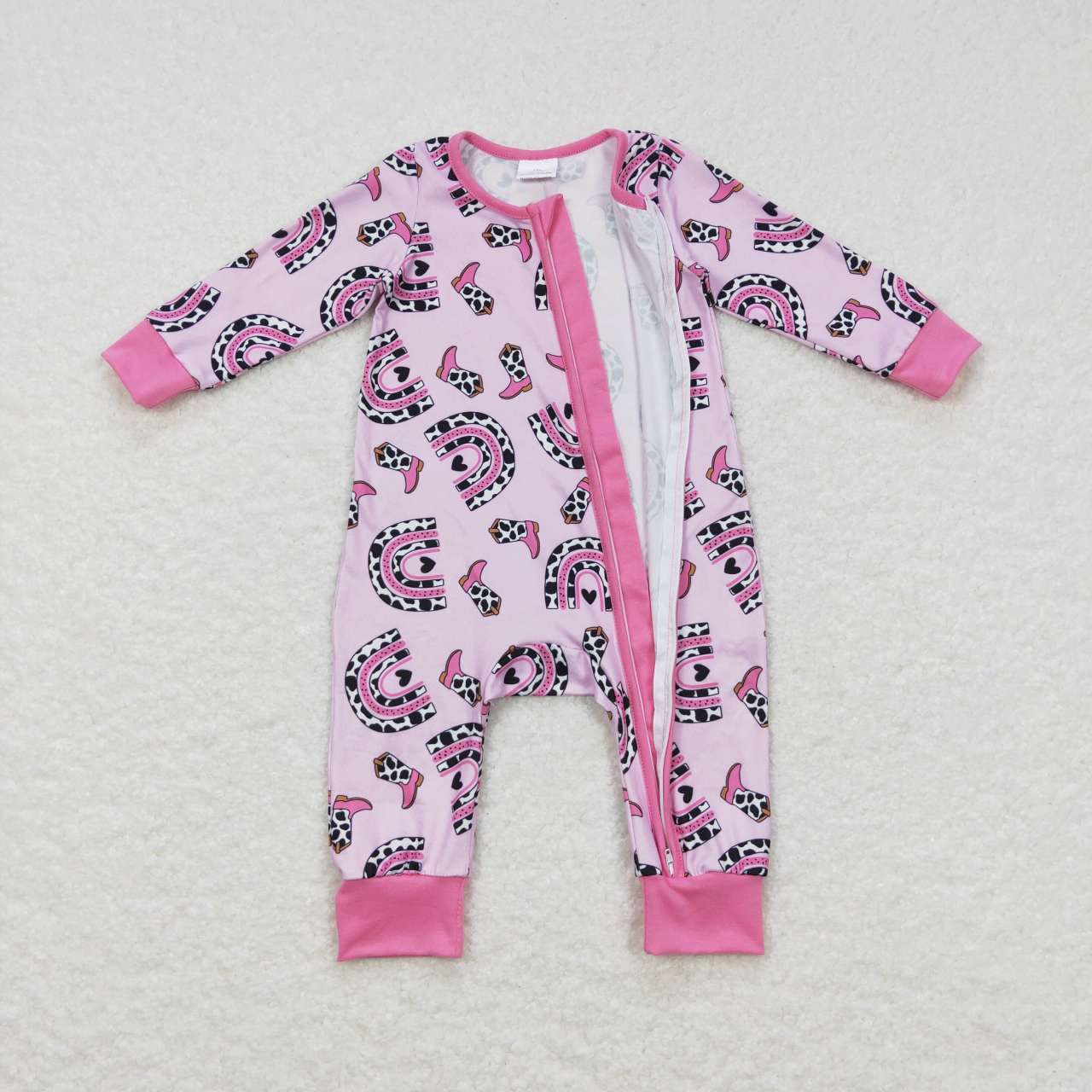 LR0490 Valentine Love Rainbow Pink Purple Cow  Zipper Girls Long Sleeve Romper