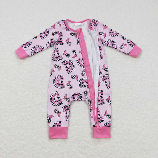 LR0490 Valentine Love Rainbow Pink Purple Cow  Zipper Girls Long Sleeve Romper