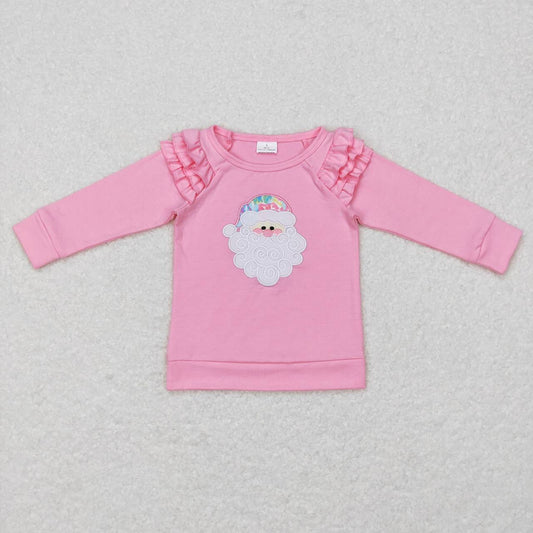 GT0369  Christmas Pink Santa Embroidery Girls Long Sleeve Top T-shirts