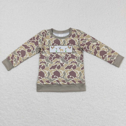 BT0378  Green Camo Deer Embroidery Girls Long Sleeve Top T-shirts