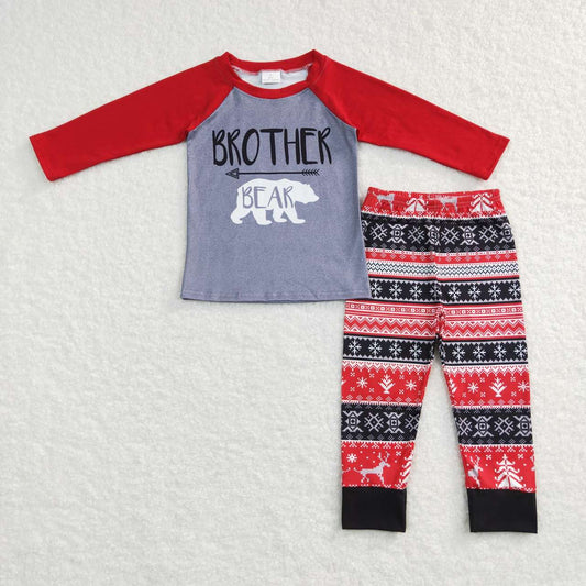 BLP0414 2Pcs BT0449 P0342  Farmily  Brother  Christmas Red Deer Bear Girls Long Sleeve Pants Outfits