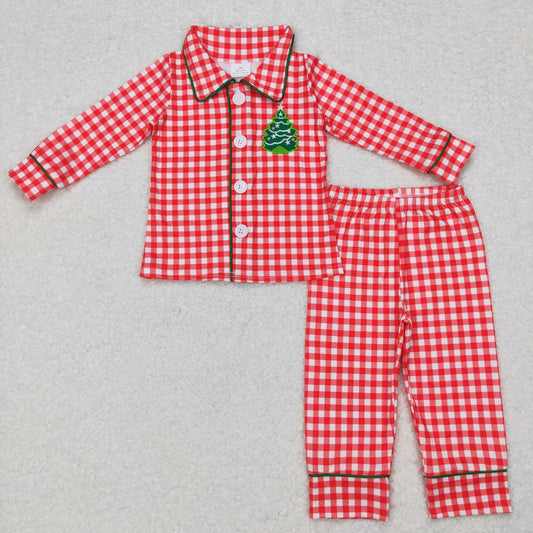 BLP0378 Christmas Red green Plaid Tree  Collar Girls Long Sleeve Pants Outfits  Pajamas