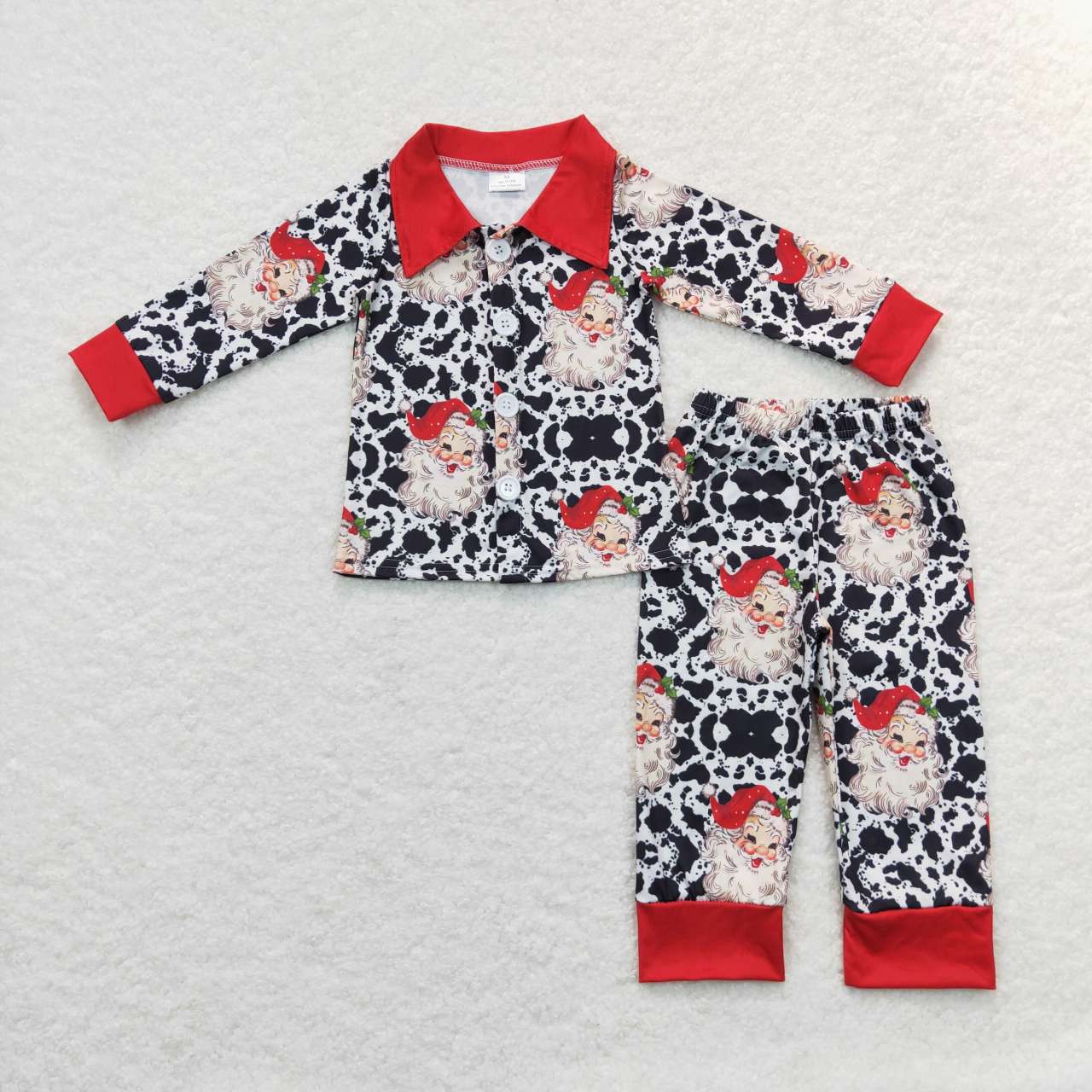 BLP0185 Christmas Red Leopard Santa Boys Long Sleeve Pants Outfits Collar Pajamas